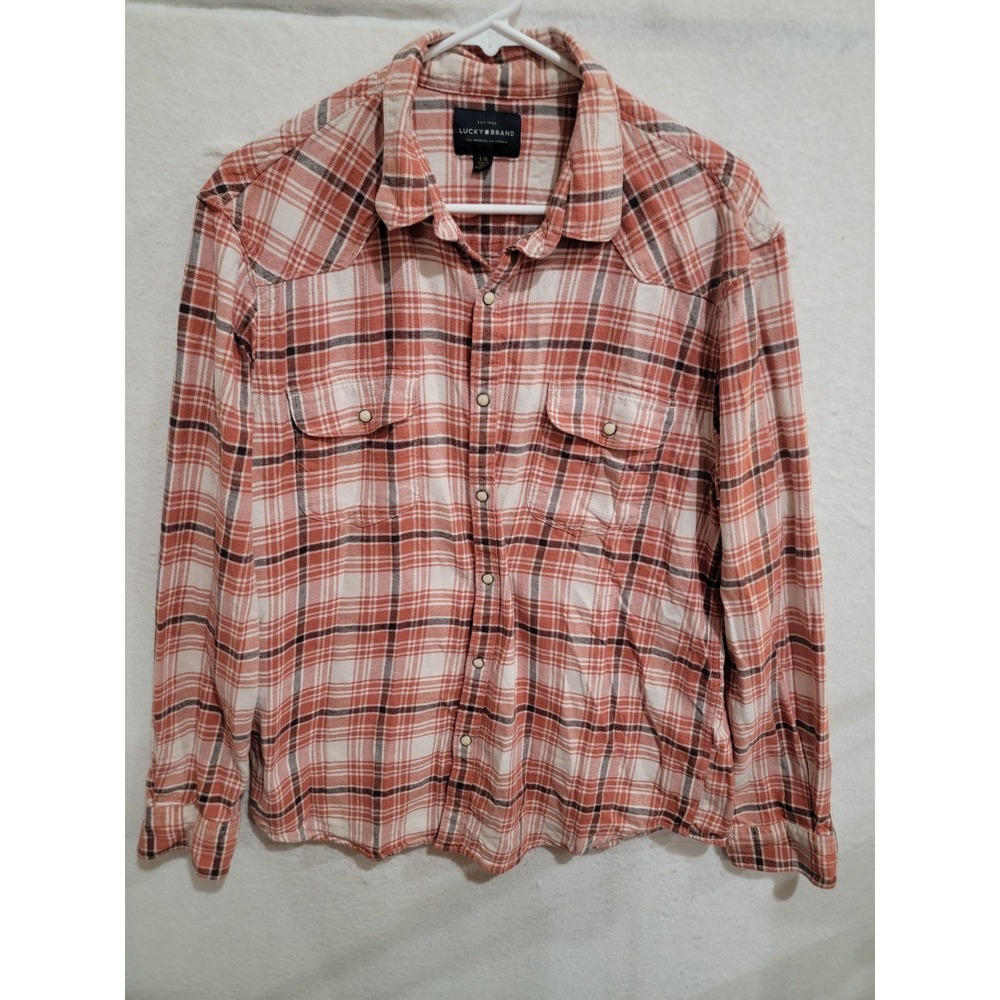 Lucky Brand Men's Large Western Pearl Snap Flannel Shirt Plaid Orange‎ L/S Yoke
